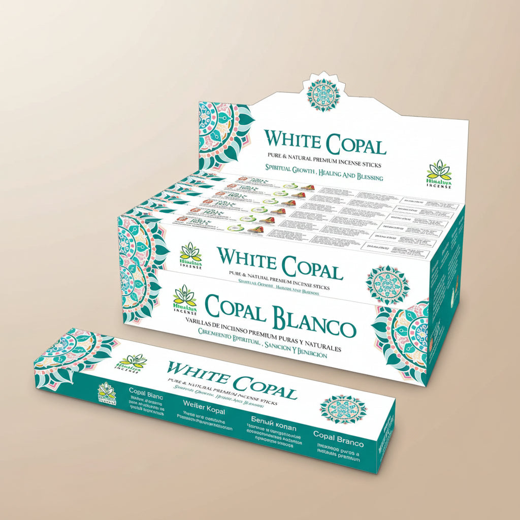 Himalaya White Copal incense packaging on a pink background