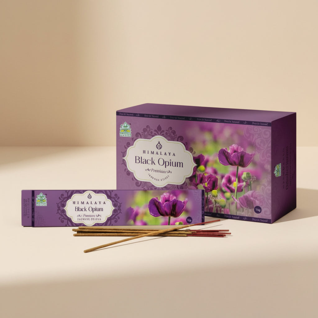 Himalaya Black Opium incense packaging with incense sticks on a beige background