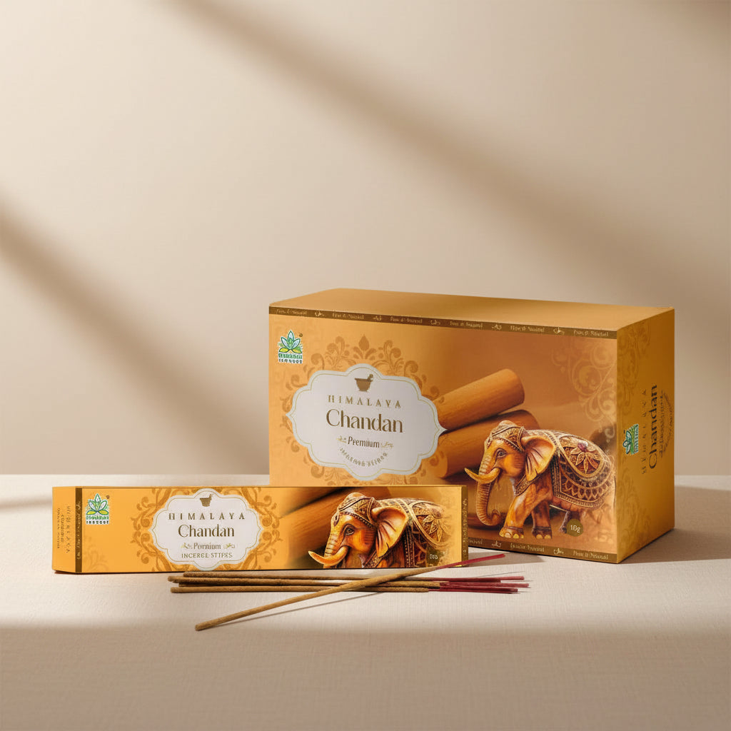 Himalaya Chandan incense packaging with incense sticks on a beige background