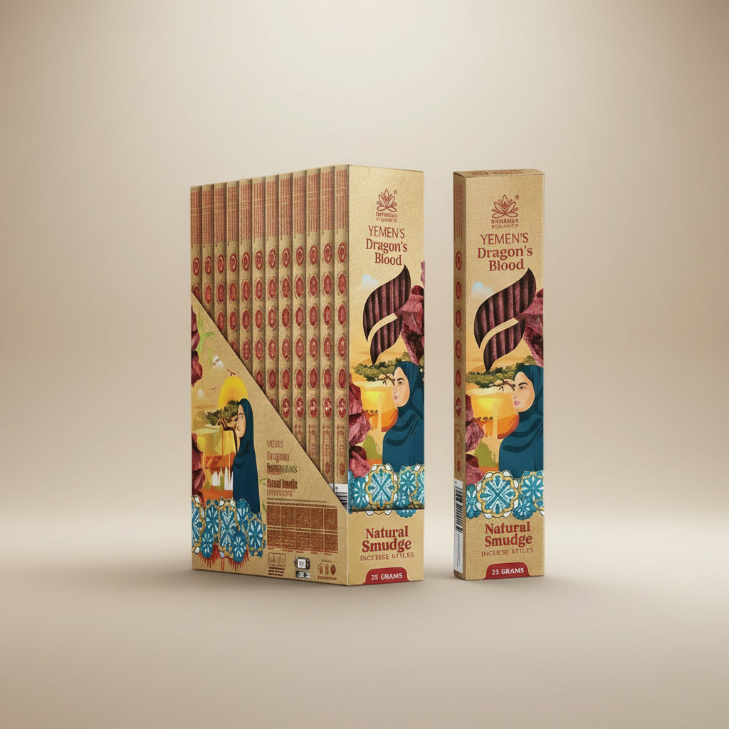 Yemeni Dragon's Blood packaging with a focus on product details on a black background