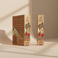 Two boxes of Indian Sandalwood incense sticks on a pink background with product details.