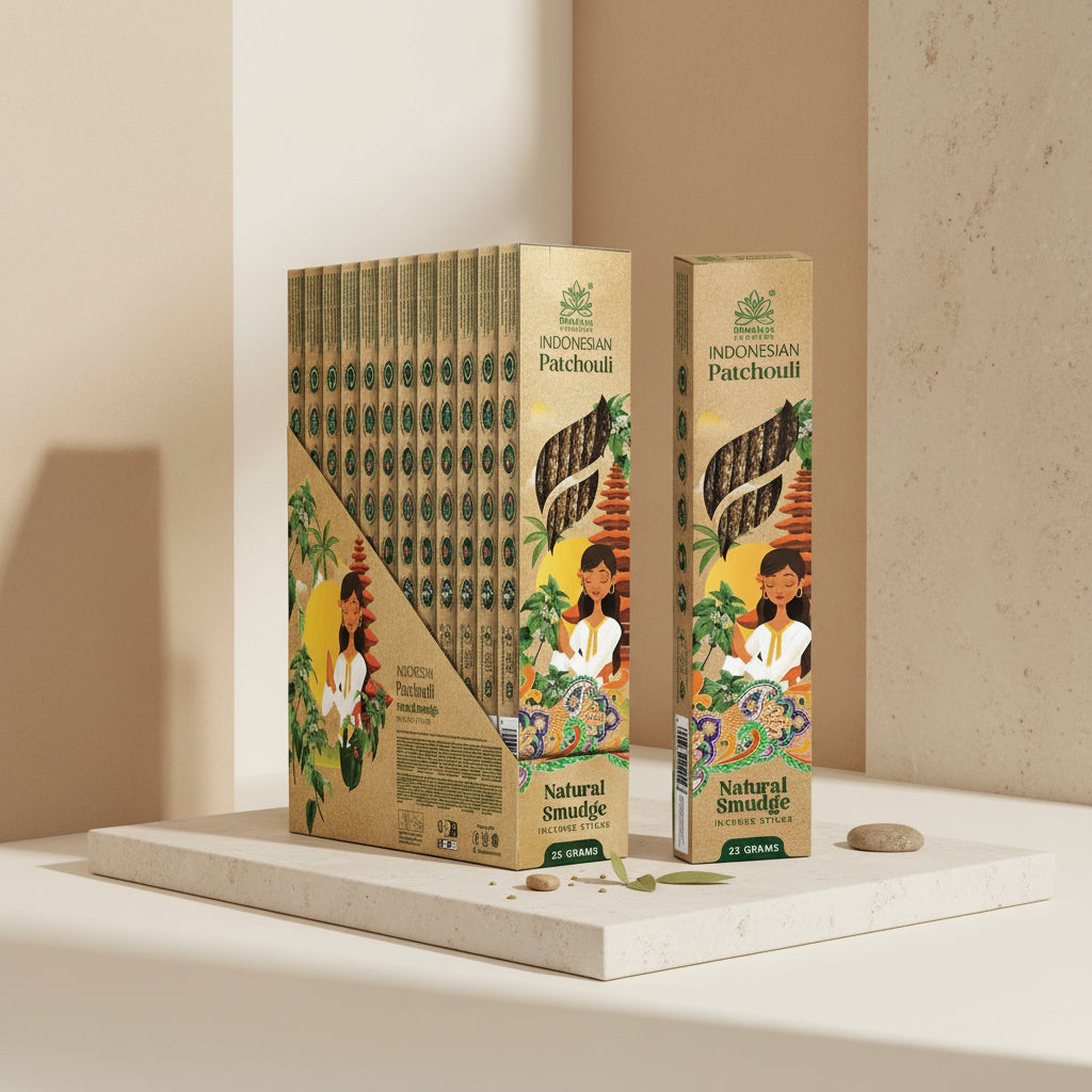 Indonesian Patchouli incense sticks packaging with branding and product details.