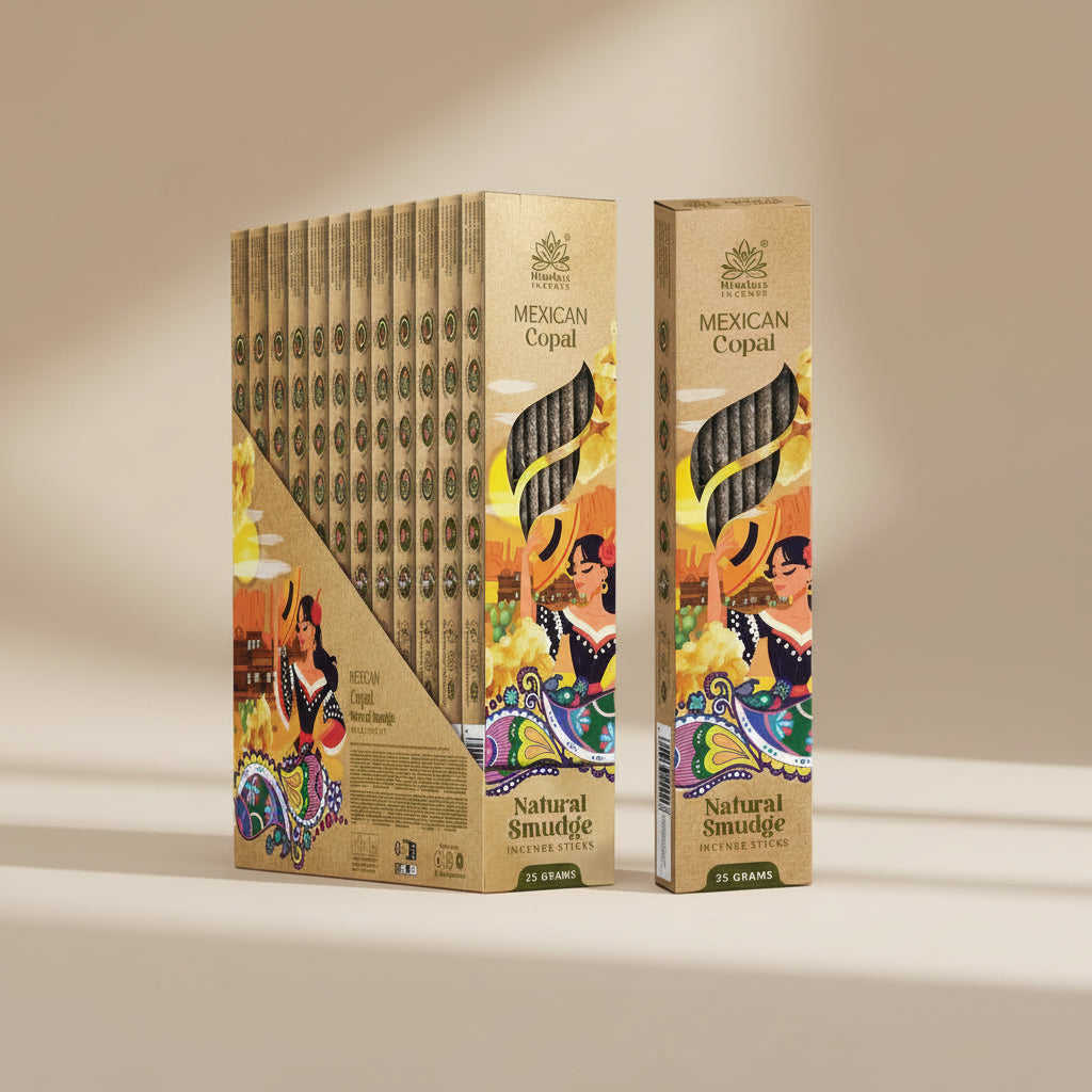 Packaging of Mexican Copal incense sticks with colorful design on a black background