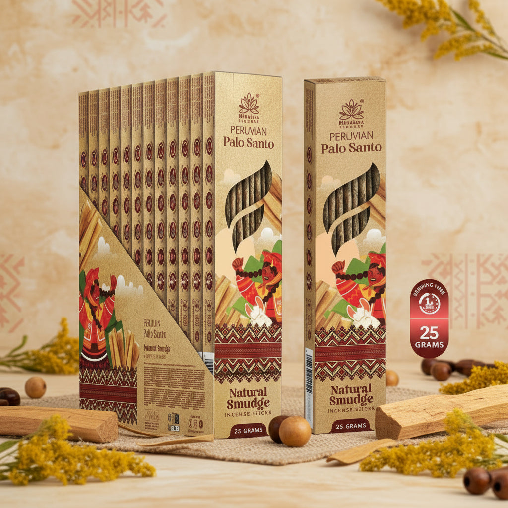 Peruvian Palo Santo incense sticks packaging with brand logo on a light background