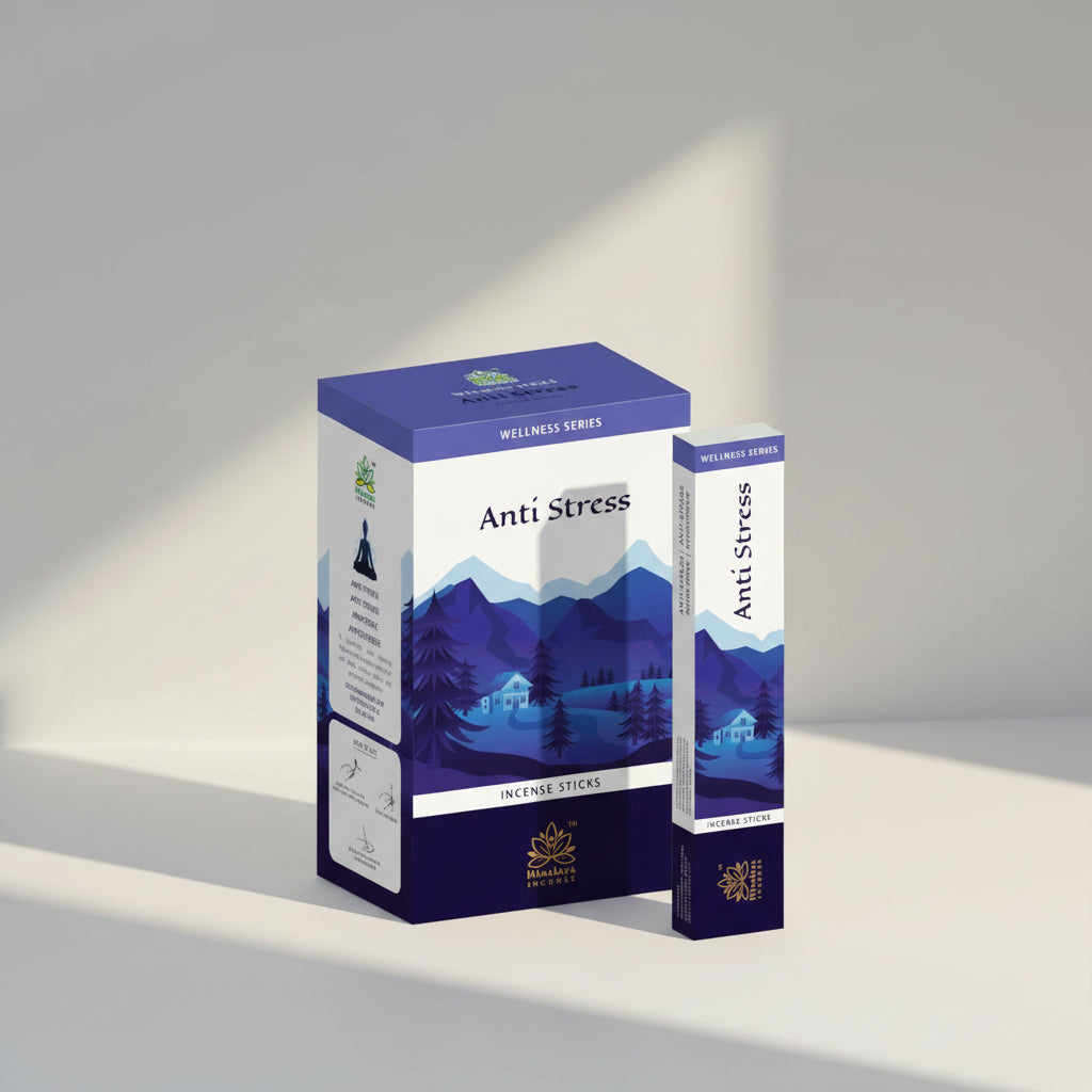 Himalaya Wellness Series Anti Stress incense sticks packaging on a light blue background