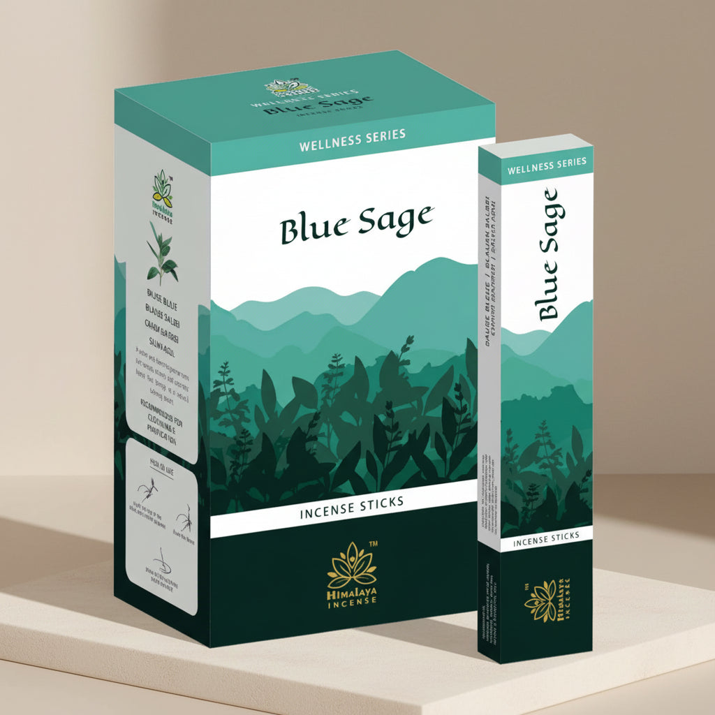 Himalaya Wellness Series Blue Sage incense packaging on a light green background