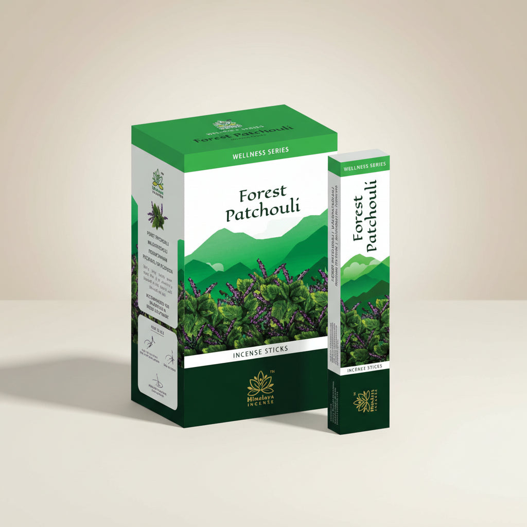 Himalaya Forest Patchouli incense packaging on a green background