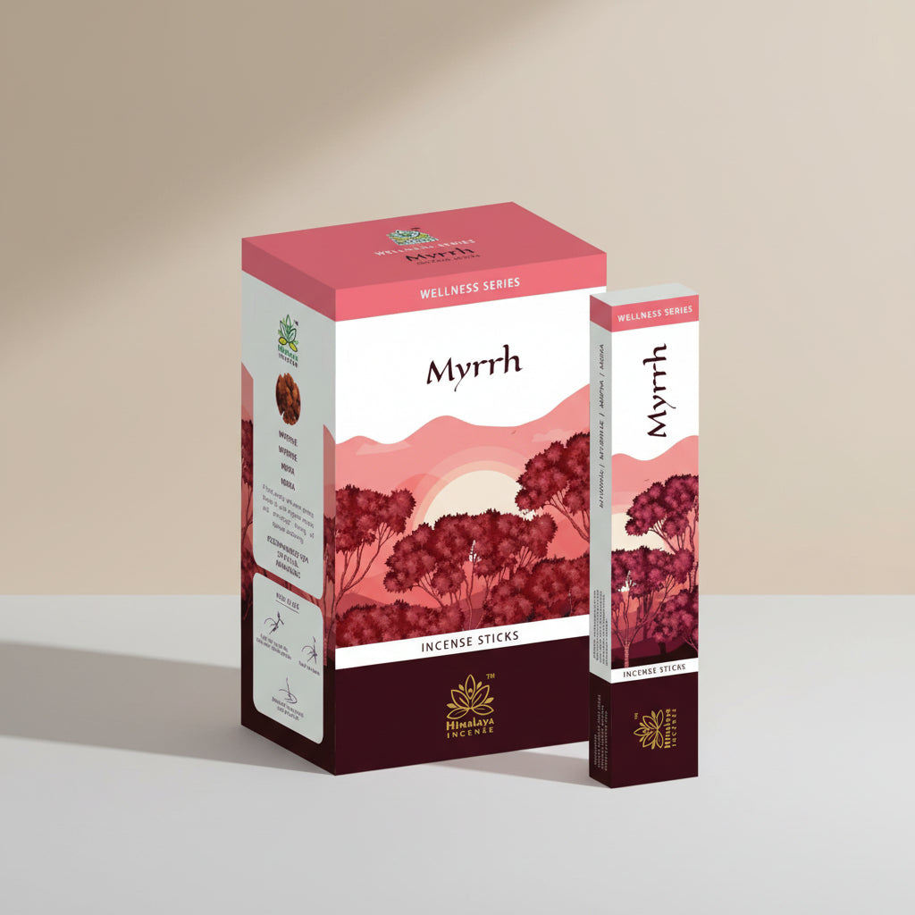 Himalaya Myrrh incense sticks packaging on a pink background
