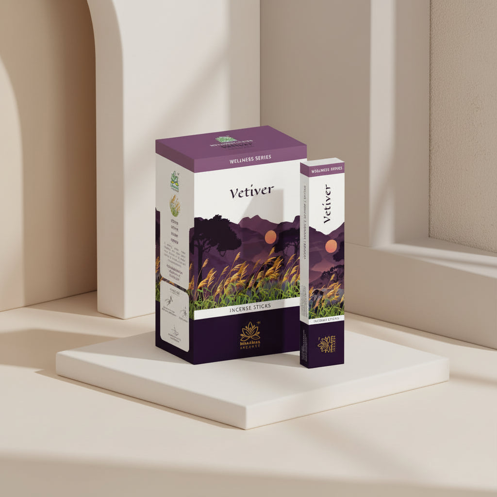 Himalaya Wellness Series Vetiver incense packaging on a purple background