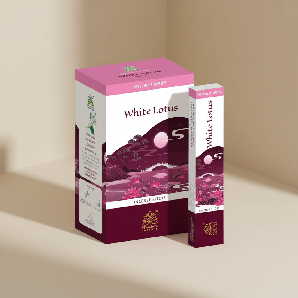 Himalaya Wellness Series White Lotus incense packaging on a pink background