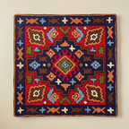 Colorful geometric patterned rug on a plain background