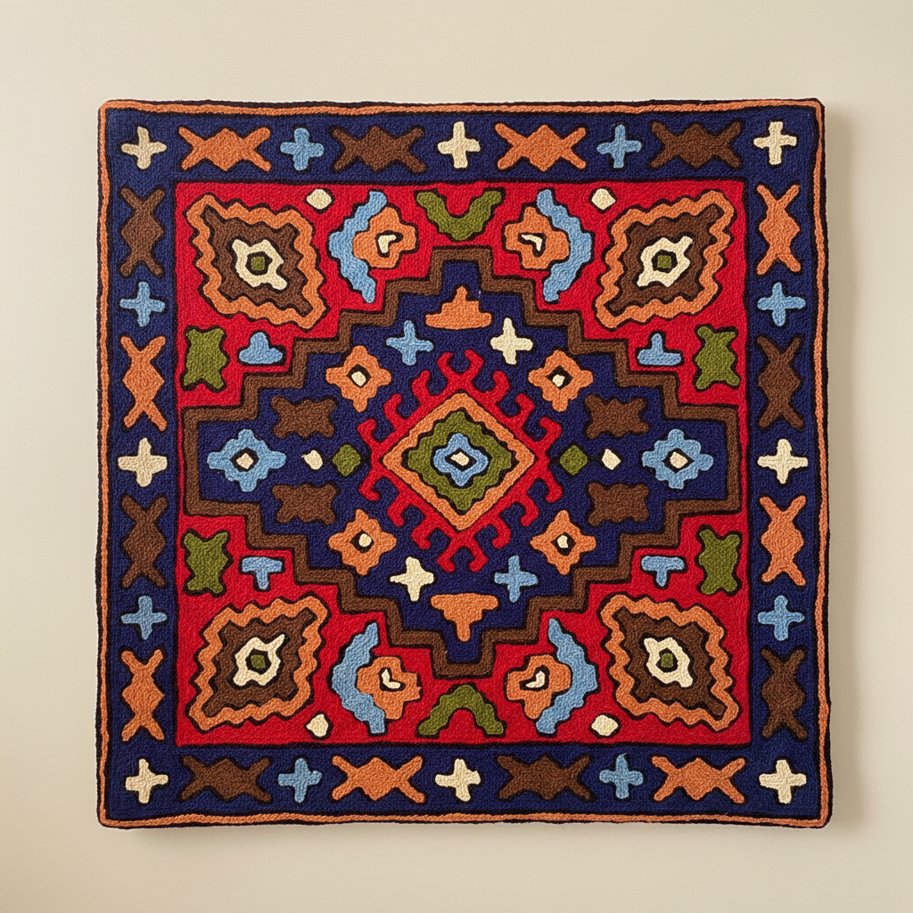 Colorful geometric patterned rug on a plain background