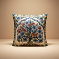 Decorative pillow with floral and bird pattern on a beige background