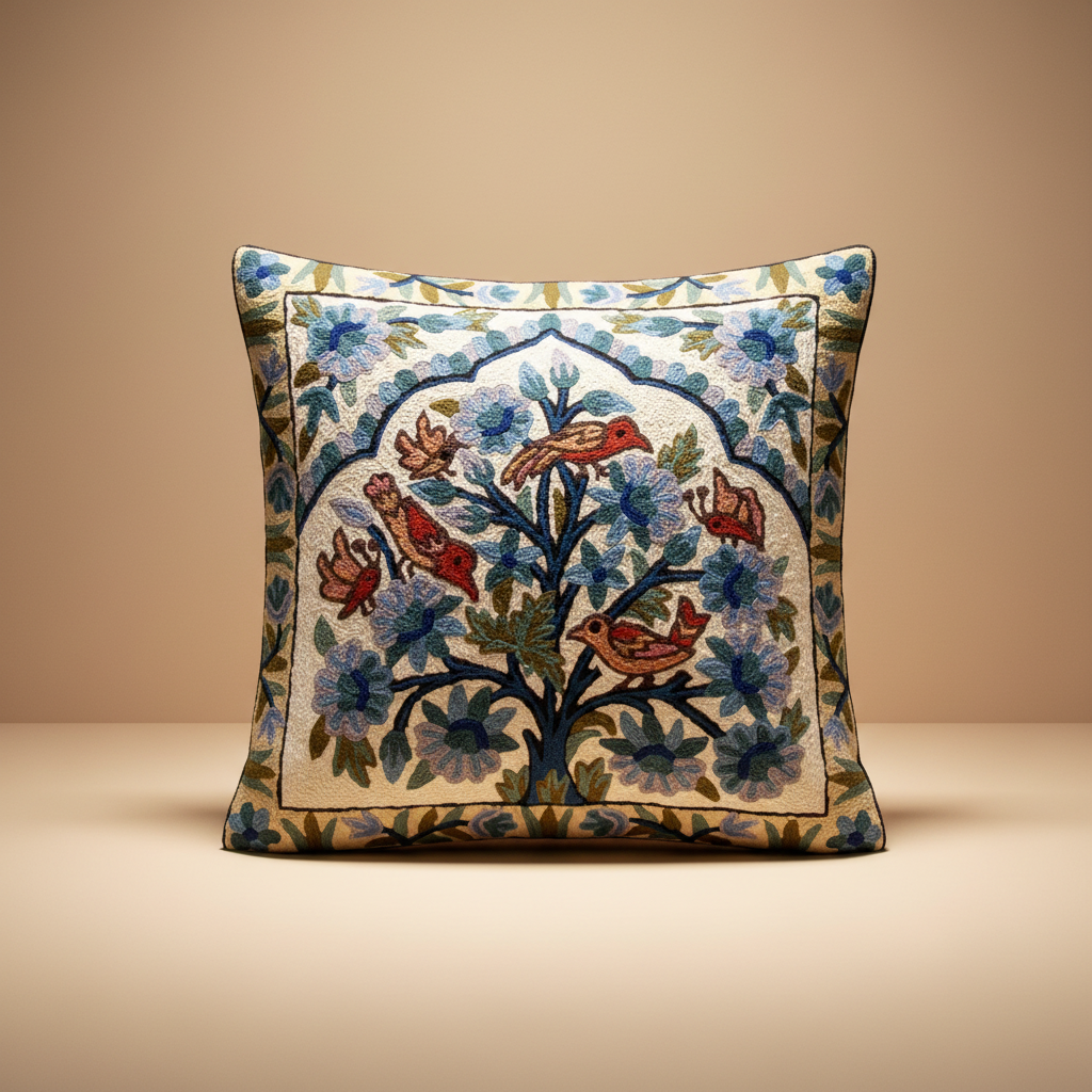 Decorative pillow with floral and bird pattern on a beige background