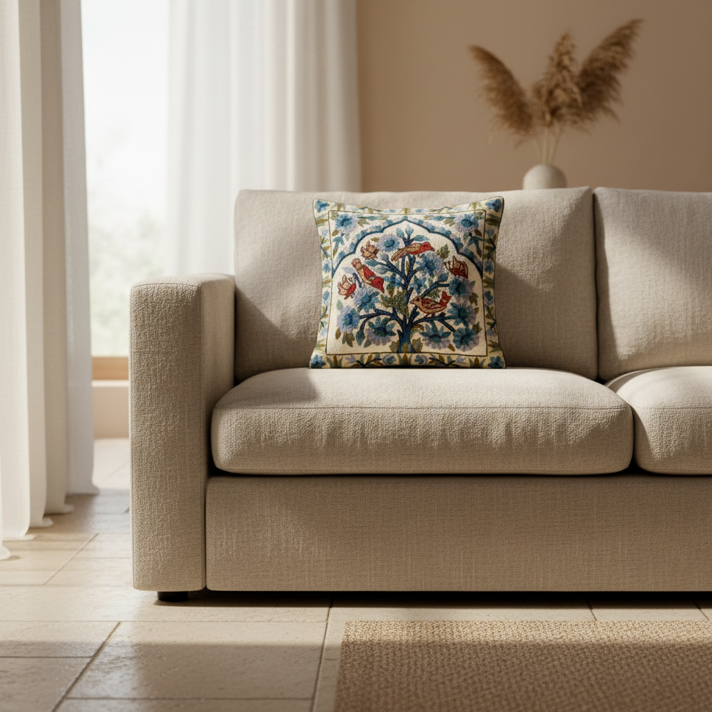 Kashmir Atelier – Gulbagh Birds Cushion Cover (40x40 cm)