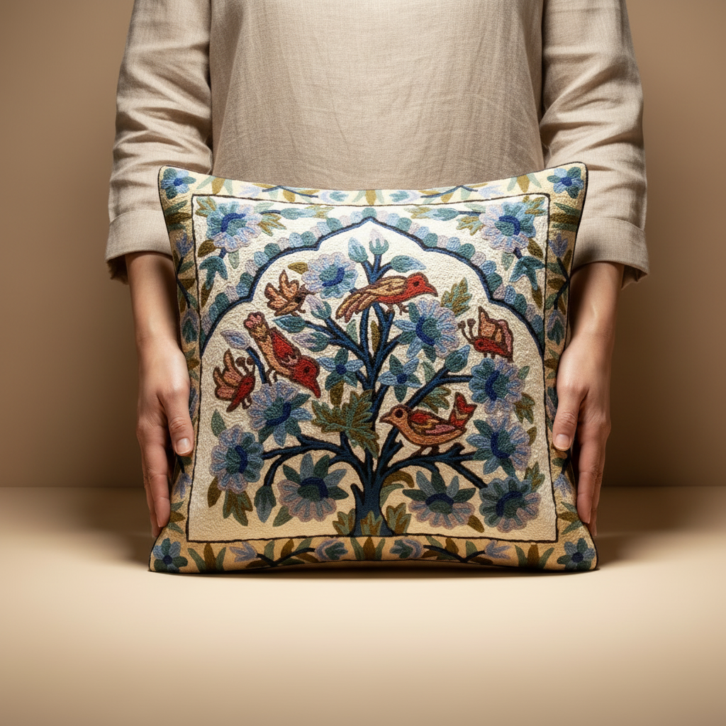 Kashmir Atelier – Gulbagh Birds Cushion Cover (40x40 cm)