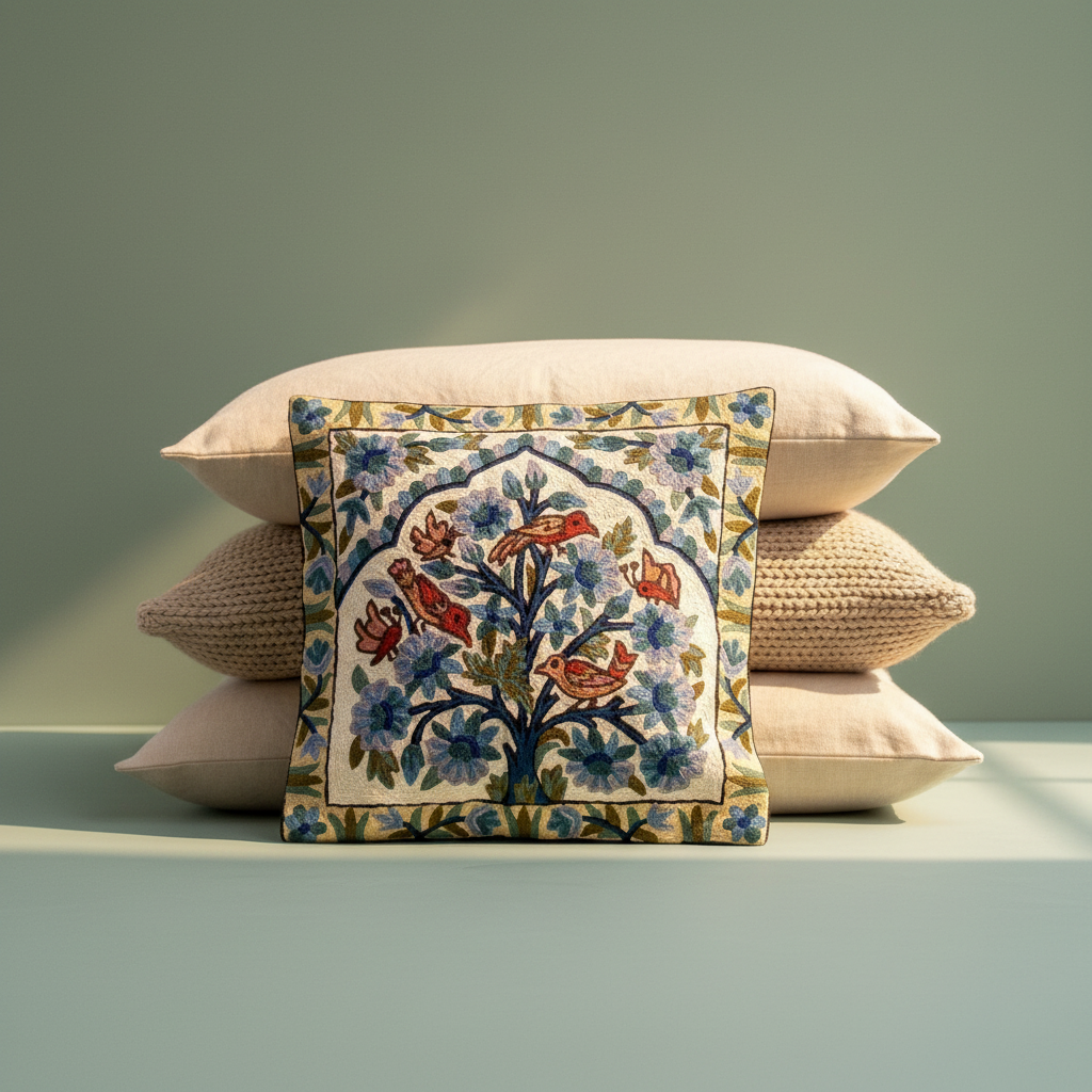 Kashmir Atelier – Gulbagh Birds Cushion Cover (40x40 cm)