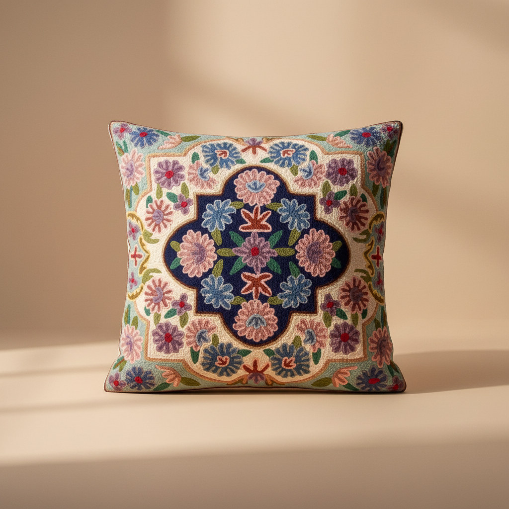 Decorative pillow with floral pattern on a beige background