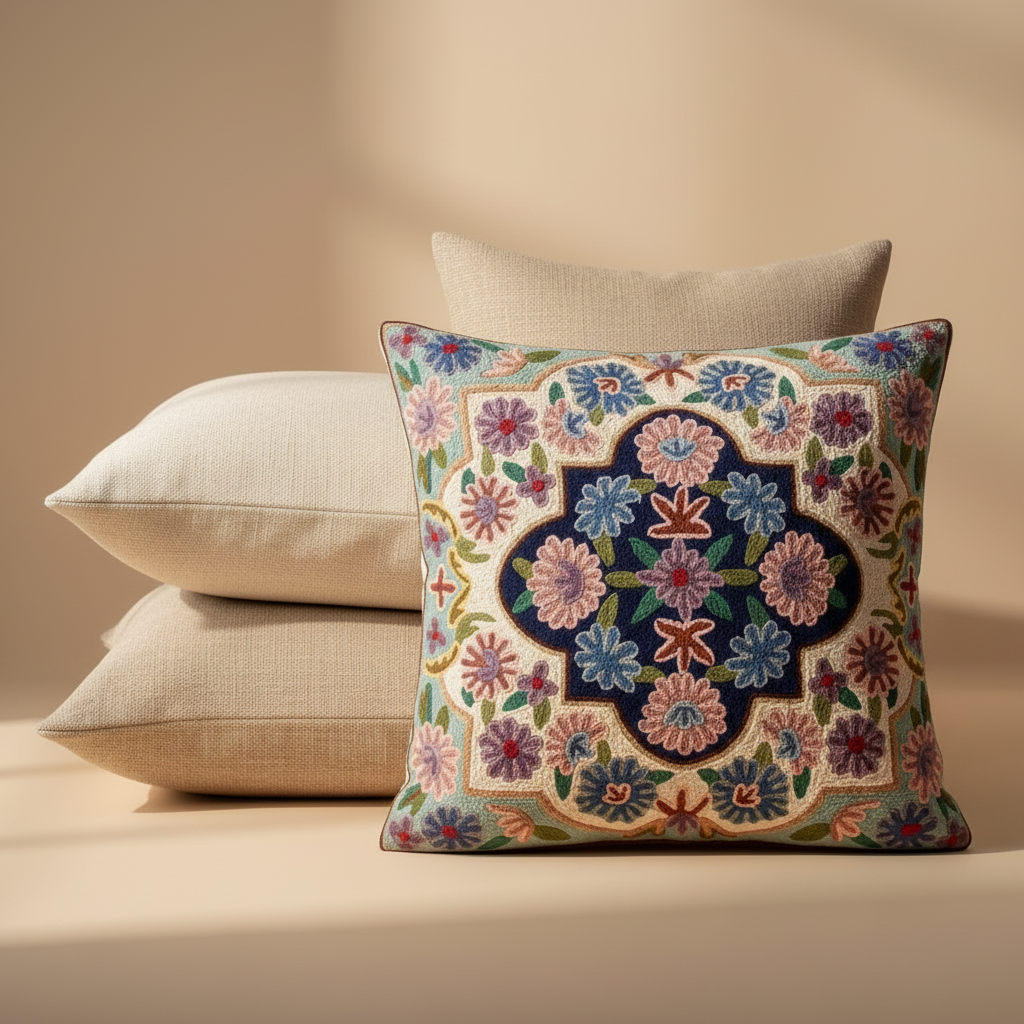 Kashmir Atelier – Soft Bloom Medallion Cushion (40×40 cm)