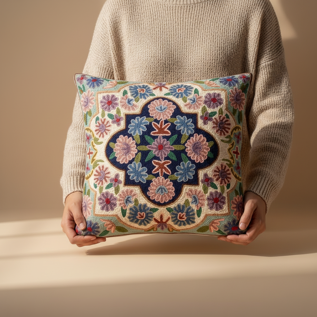 Kashmir Atelier – Soft Bloom Medallion Cushion (40×40 cm)