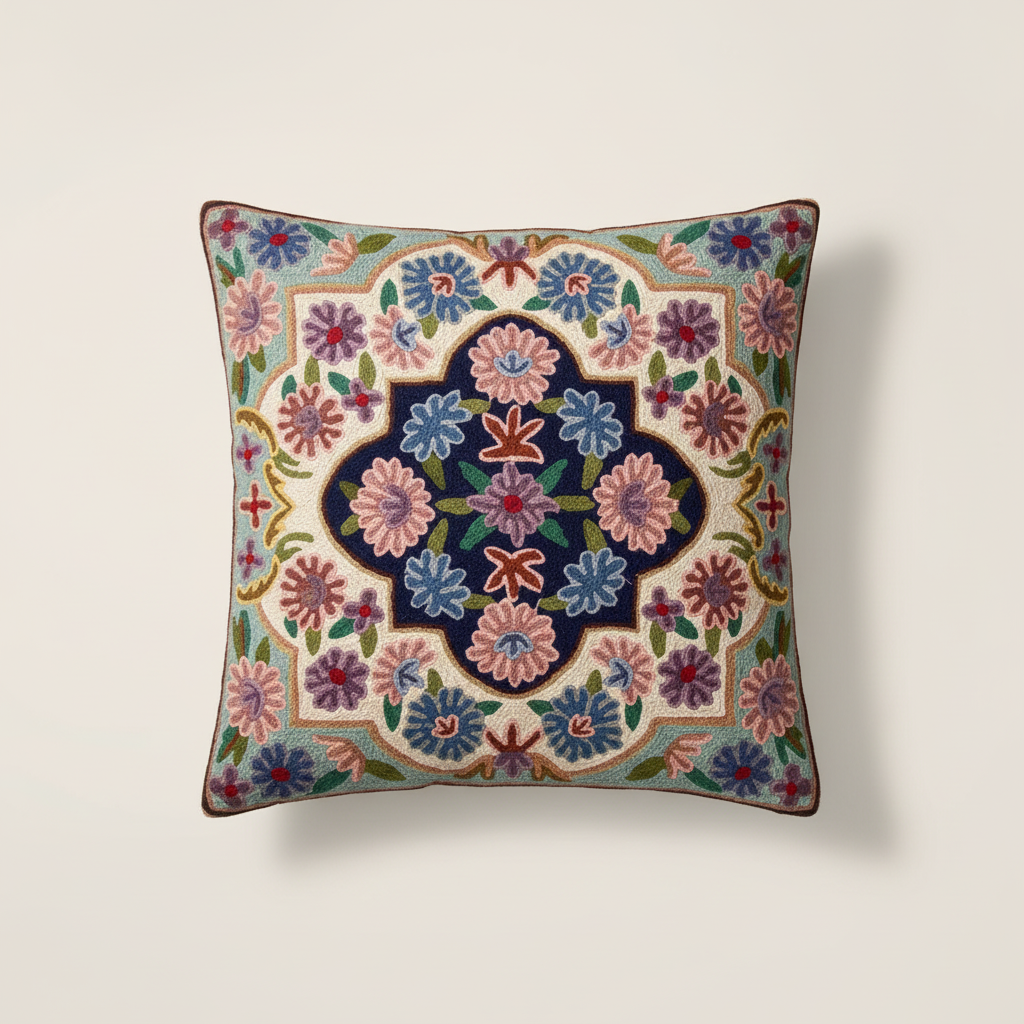 Decorative pillow with floral pattern on a plain background