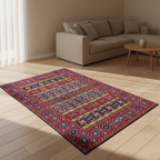 Decorative rug with geometric pattern on a wooden floor in a living room setting.