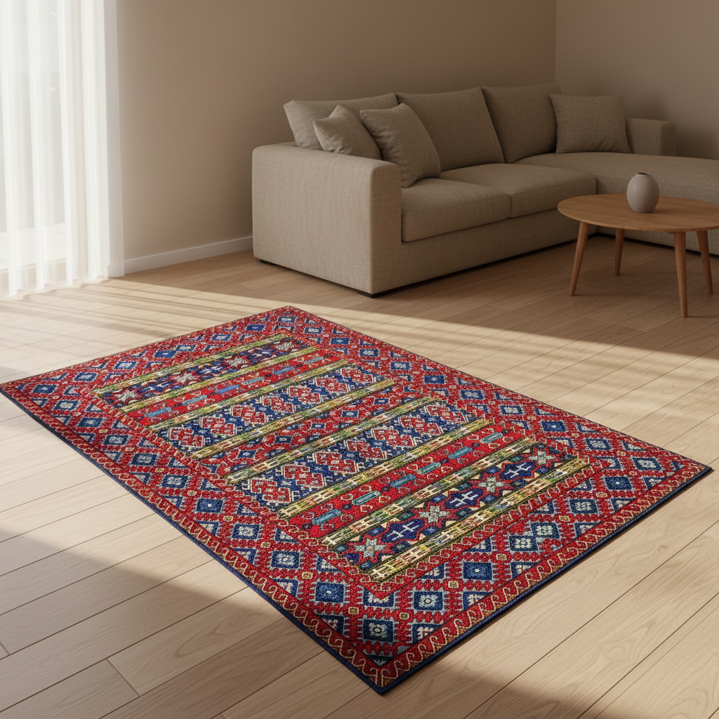 Decorative rug with geometric pattern on a wooden floor in a living room setting.