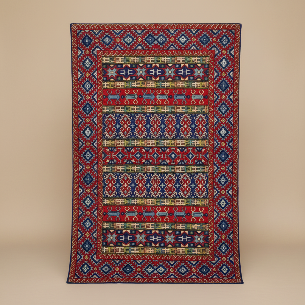 Decorative rug with geometric pattern on a beige background