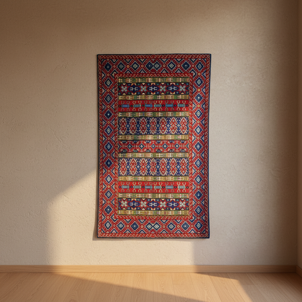 Decorative rug with geometric pattern on a beige wall