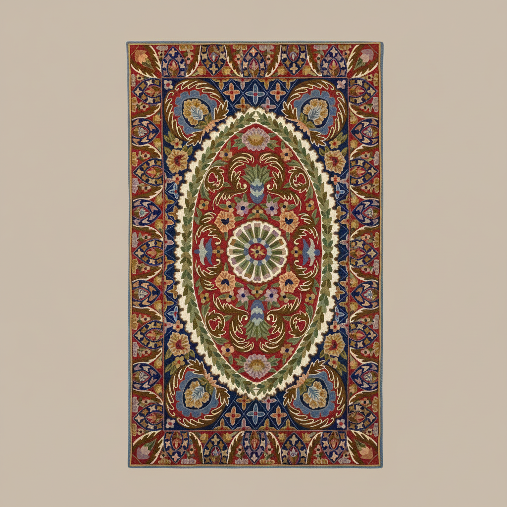 Decorative rug with intricate patterns on a beige wall