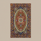 Decorative rug with intricate patterns on a beige wall