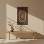 Decorative wall art above a wooden bench with a vase on a beige wall.