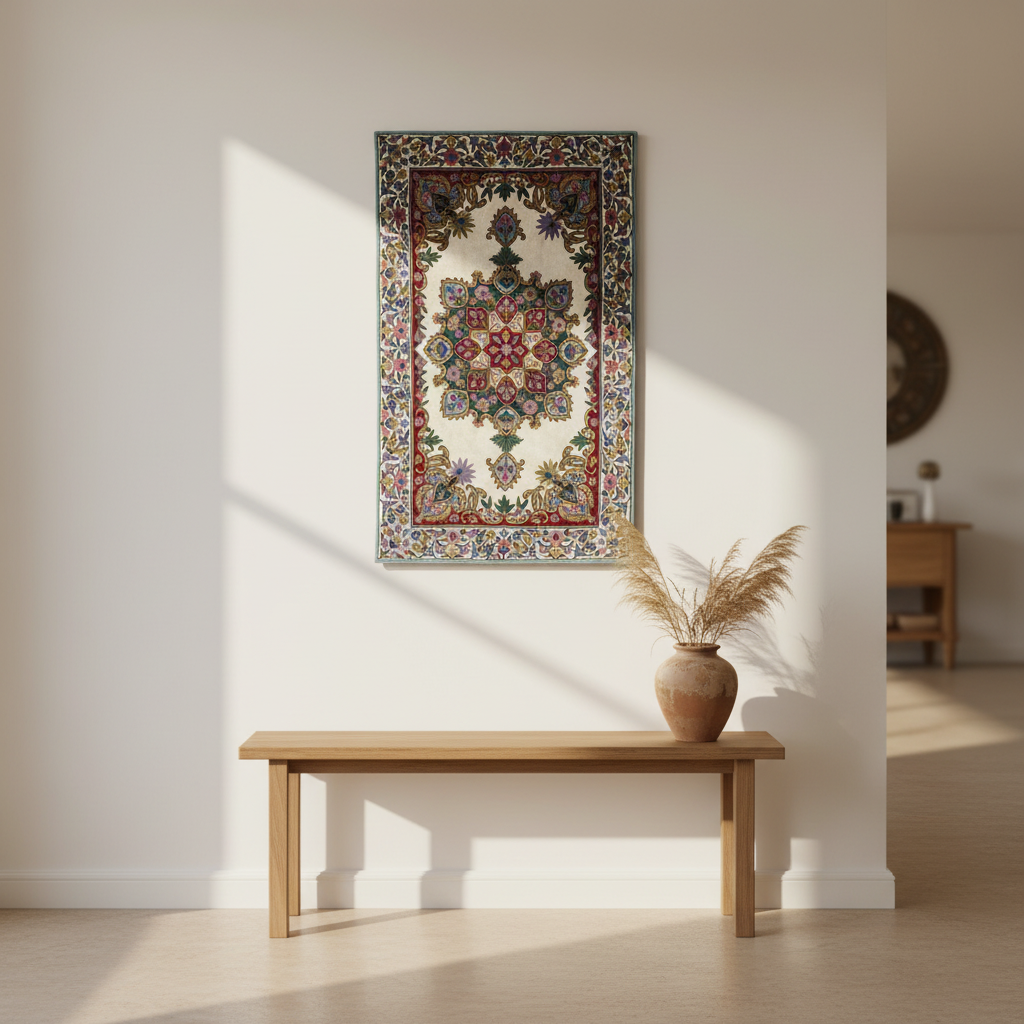 Decorative tapestry hanging on a wall above a wooden bench with a vase and dried plants.