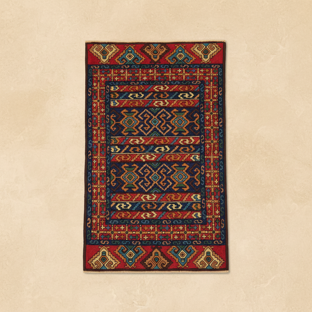 Decorative rug with geometric pattern on a beige wall