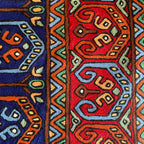 Close-up of a colorful patterned fabric with intricate designs.