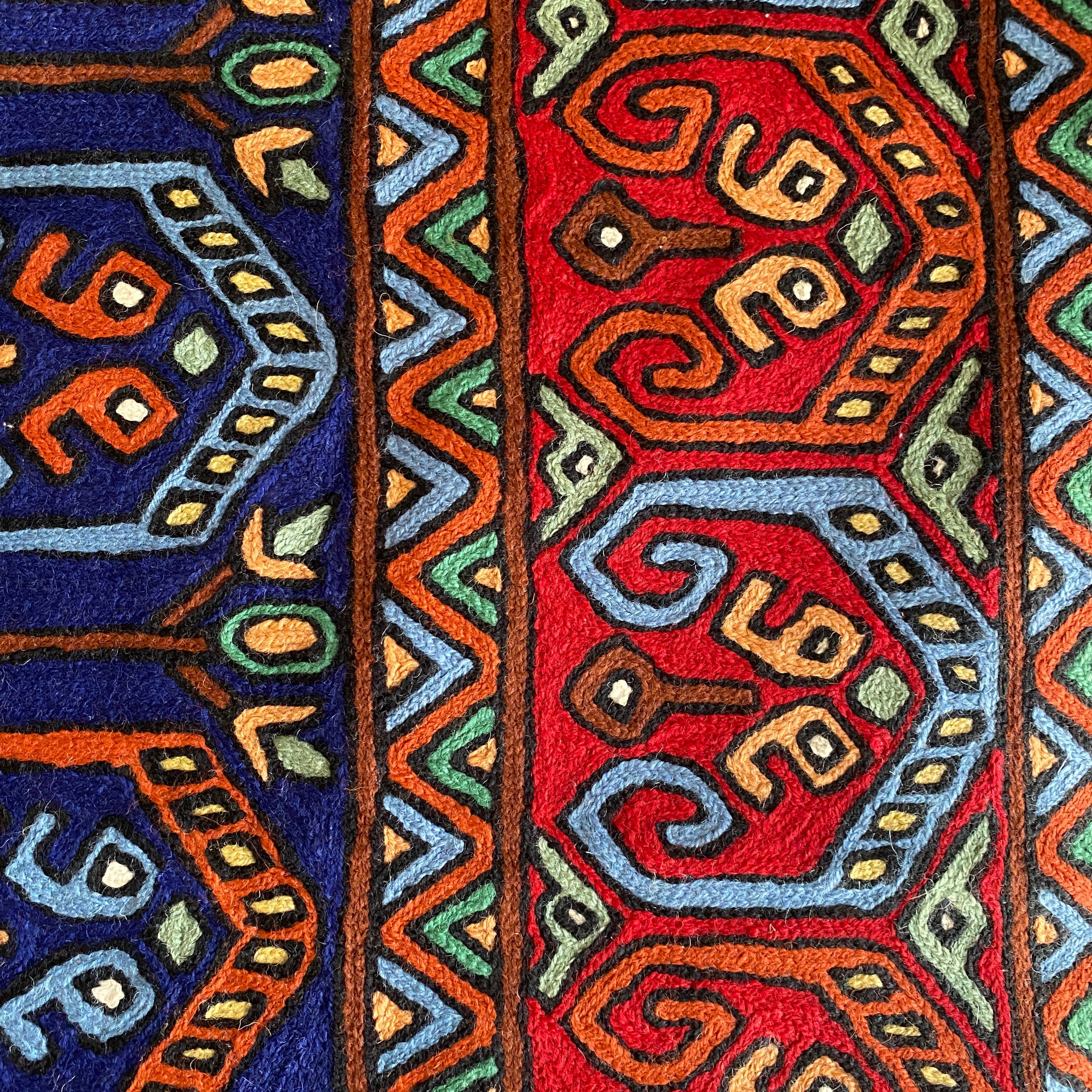 Close-up of a colorful patterned fabric with intricate designs.