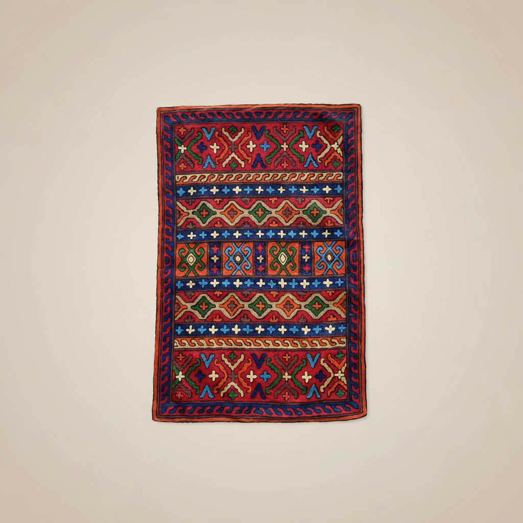Colorful patterned rug on a white surface