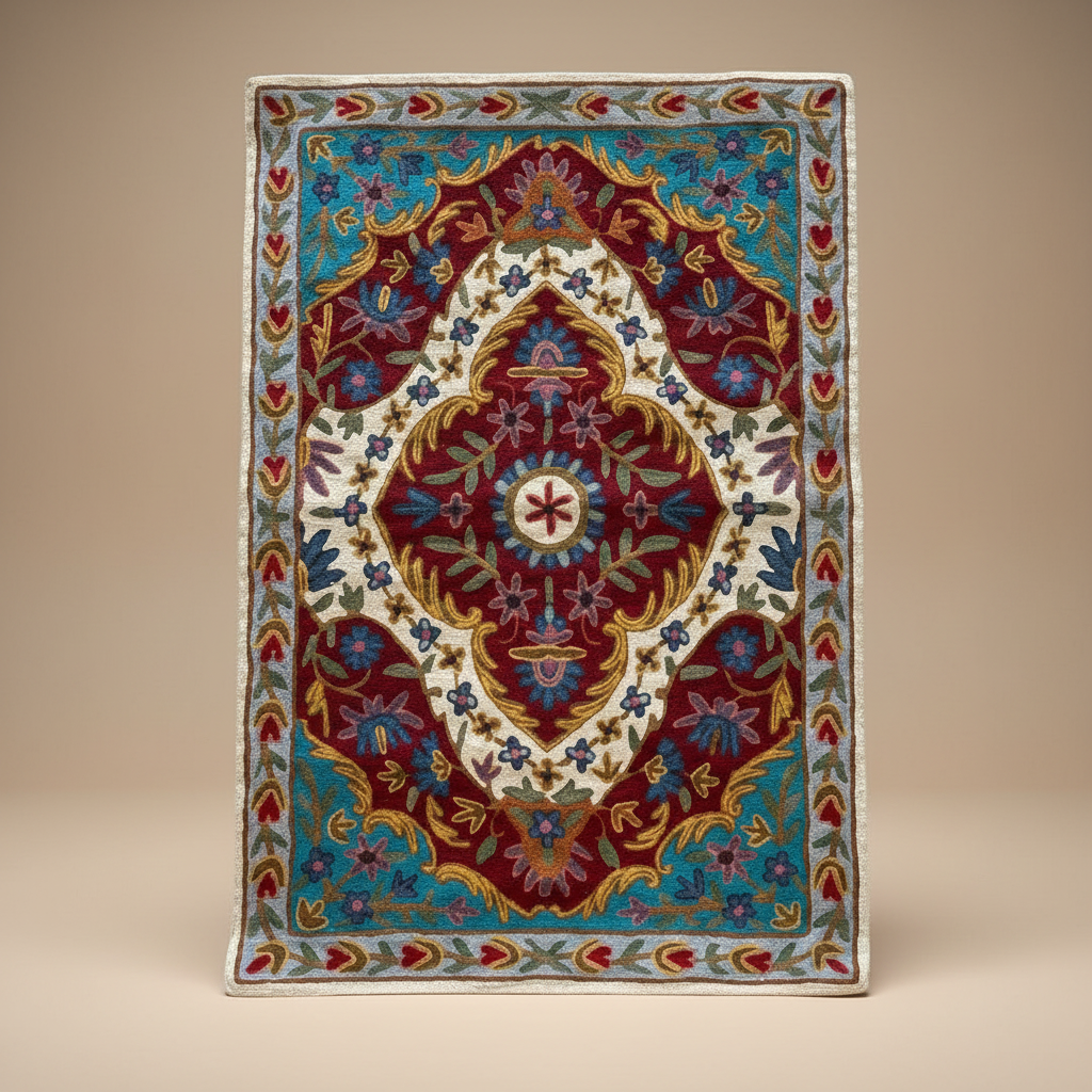 Decorative rug with intricate patterns on a beige background
