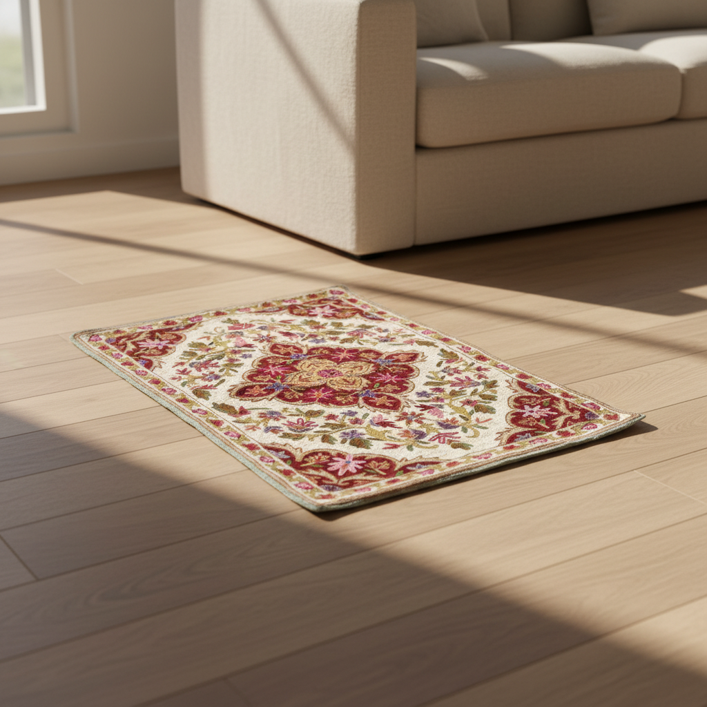 Decorative rug with floral pattern on a wooden floor in a living room.