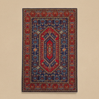 Decorative rug with intricate patterns in a room with stairs and a railing.