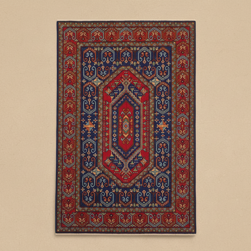 Decorative rug with intricate patterns in a room with stairs and a railing.