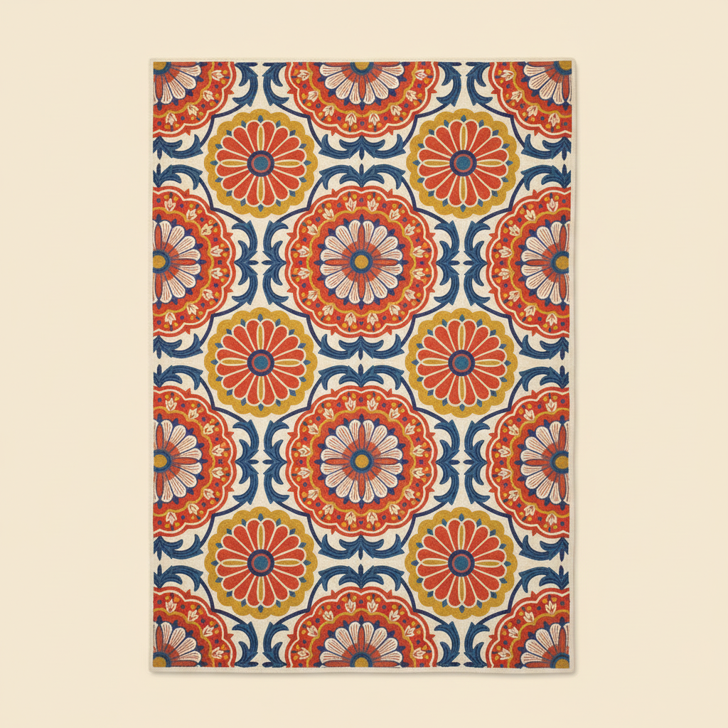 Decorative rug with a colorful floral pattern on a beige background