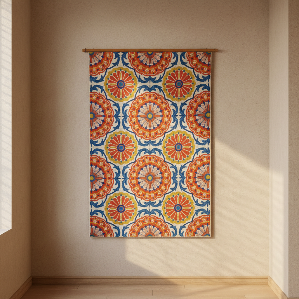 Decorative tapestry with a colorful pattern hanging on a wall.