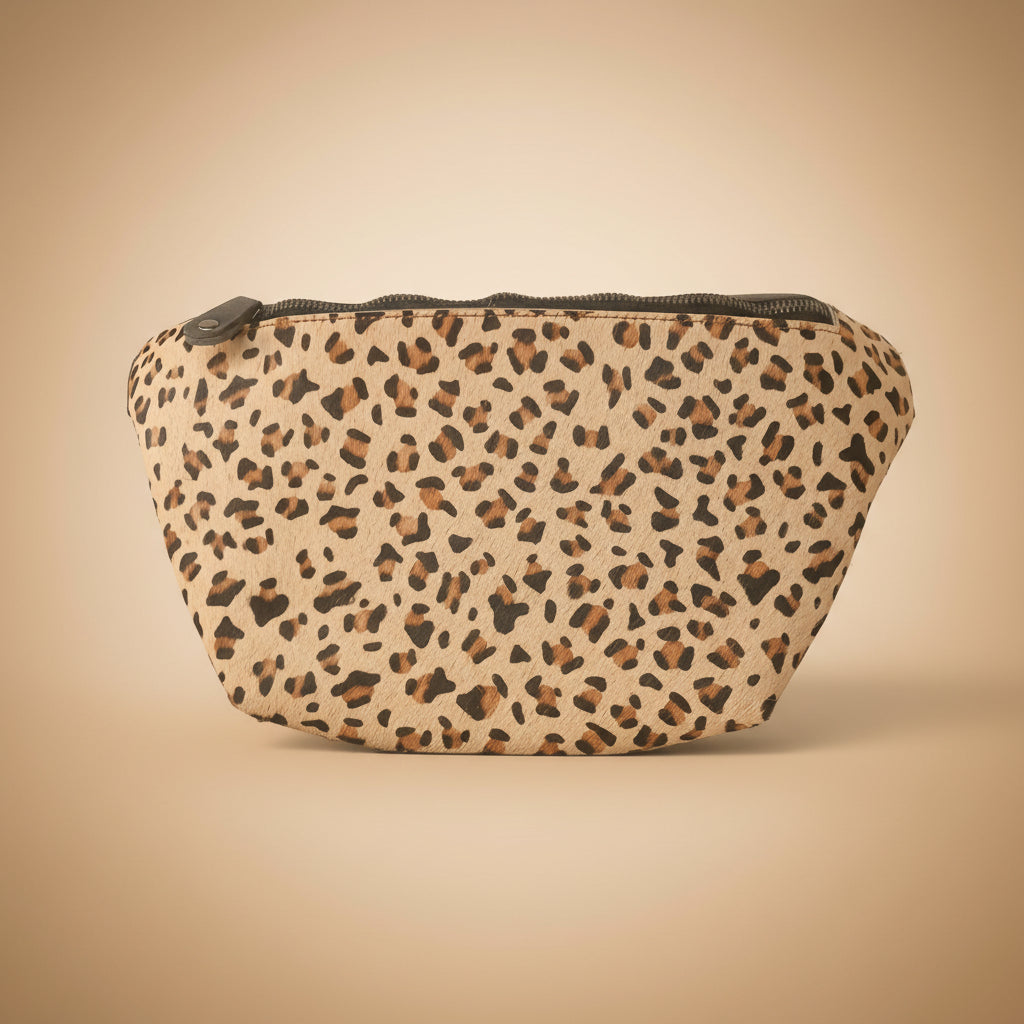 Leopard print pouch on a white background