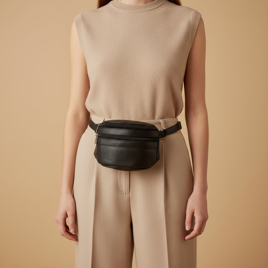 Black Leather Money Belt – Minimal Everyday Waist Bag – 01