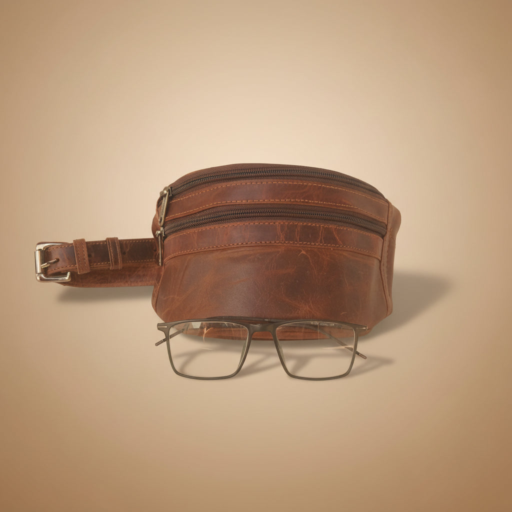 Brown leather bag with a zipper and glasses on a light gray background