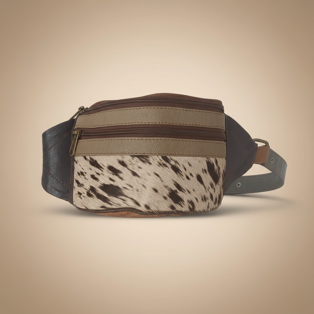 Cowhide Leather Money Belt – Mixed Materials Crossbody Bum Bag – 03