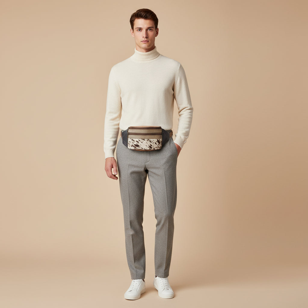 Fanny pack with cow print pattern on a black background