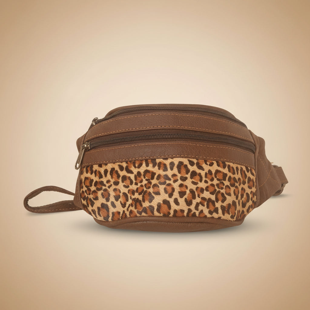 Brown bag with leopard print section on a white background