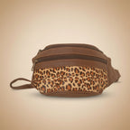 Brown bag with leopard print section on a white background